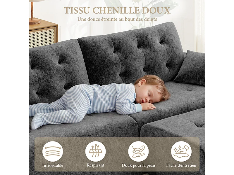 Canapé d'angle modulable en tissu chenille, 3/4 places, avec pouf et 2 oreillers, 275x174x90cm, Gris