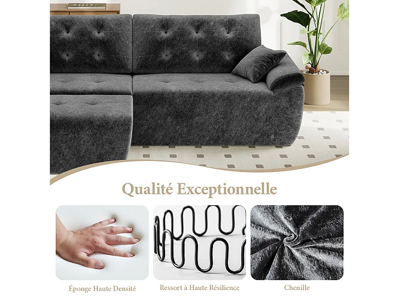 Canapé d'angle modulable en tissu chenille, 3/4 places, avec pouf et 2 oreillers, 275x174x90cm, Gris