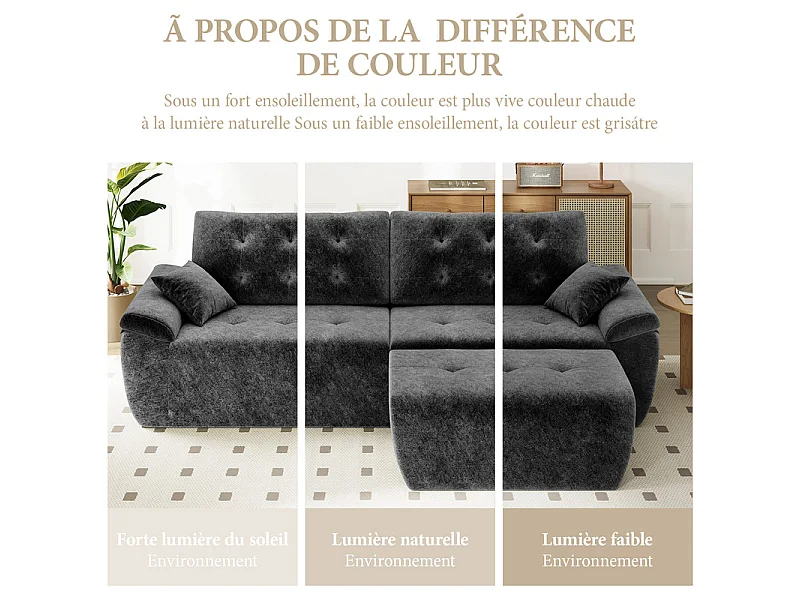 Canapé d'angle modulable en tissu chenille, 3/4 places, avec pouf et 2 oreillers, 275x174x90cm, Gris