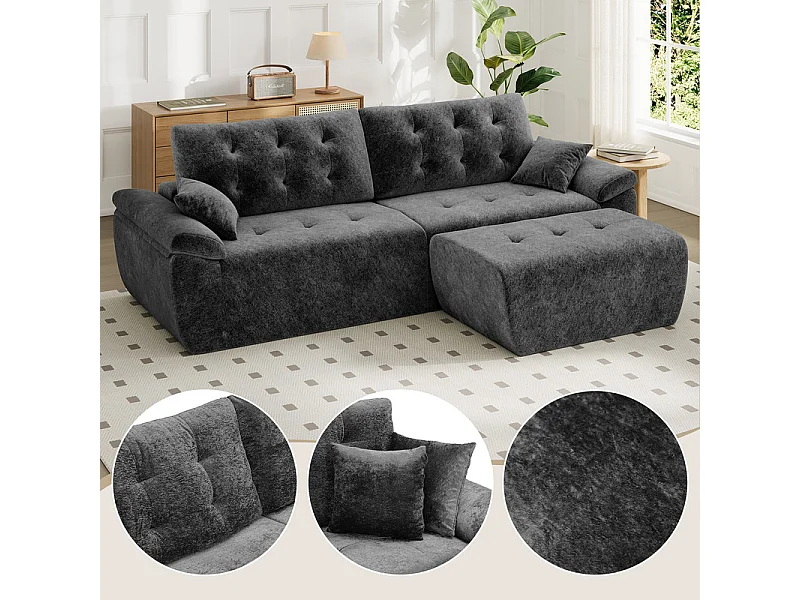 Canapé d'angle modulable en tissu chenille, 3/4 places, avec pouf et 2 oreillers, 275x174x90cm, Gris