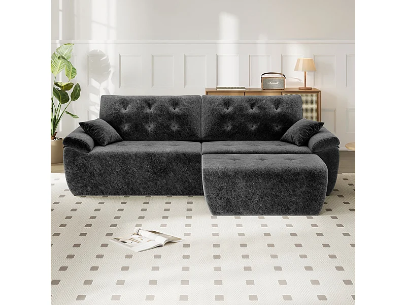 Canapé d'angle modulable en tissu chenille, 3/4 places, avec pouf et 2 oreillers, 275x174x90cm, Gris