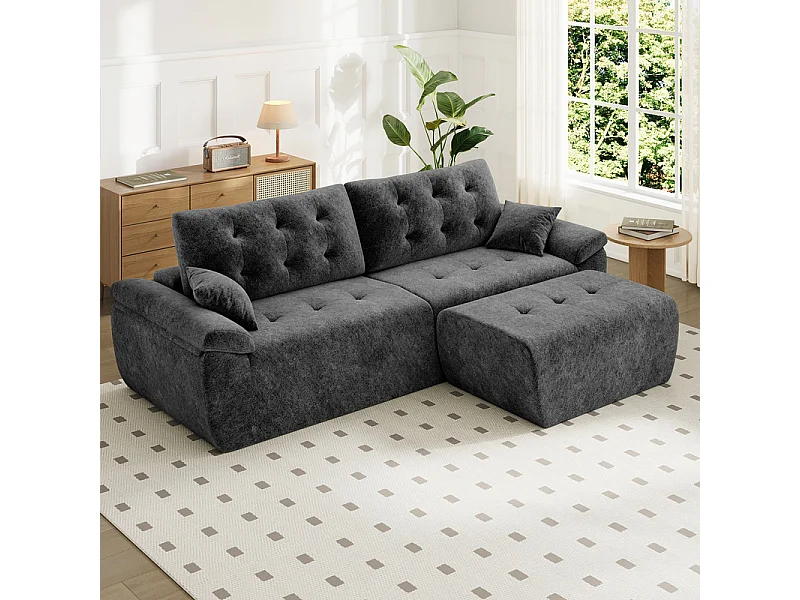 Canapé d'angle modulable en tissu chenille, 3/4 places, avec pouf et 2 oreillers, 275x174x90cm, Gris