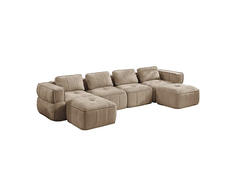 Canapé d'angle panoramique modulable en tissu, 4 places, avec 2 pouf, 344x162x67cm, Marron