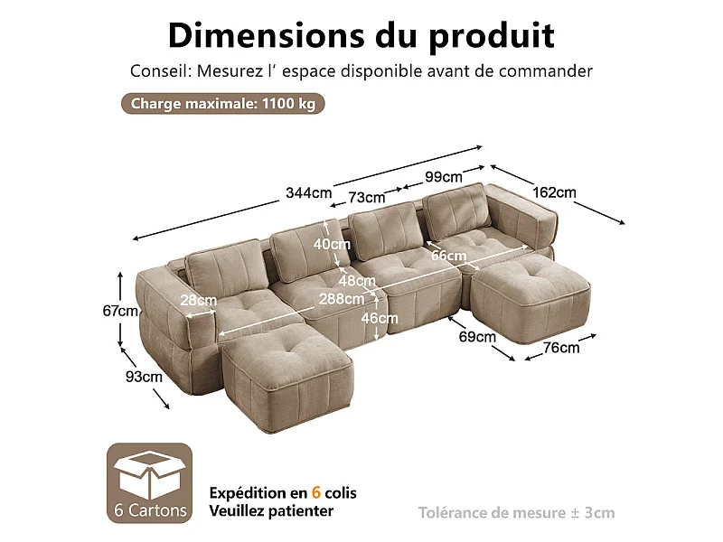 Canapé d'angle panoramique modulable en tissu, 4 places, avec 2 pouf, 344x162x67cm, Marron