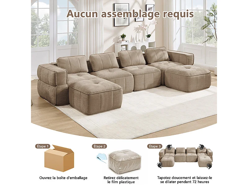 Canapé d'angle panoramique modulable en tissu, 4 places, avec 2 pouf, 344x162x67cm, Marron