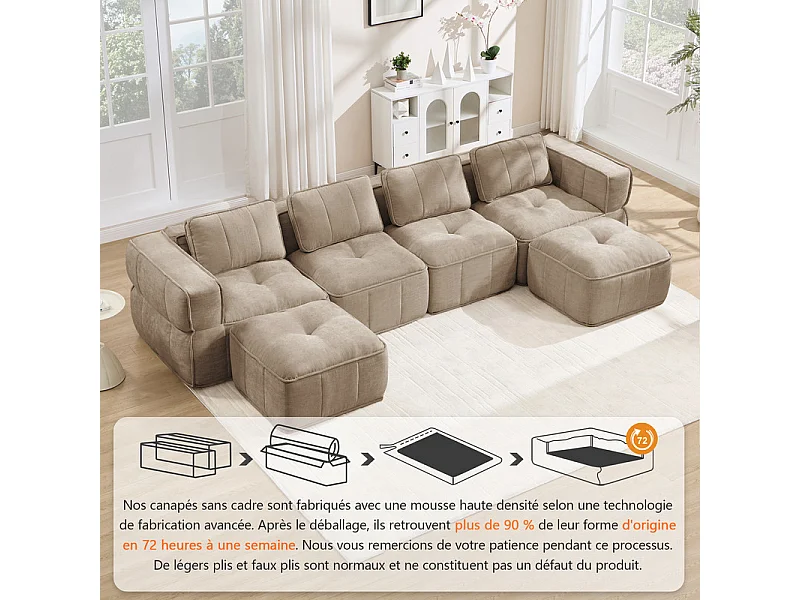 Canapé d'angle panoramique modulable en tissu, 4 places, avec 2 pouf, 344x162x67cm, Marron