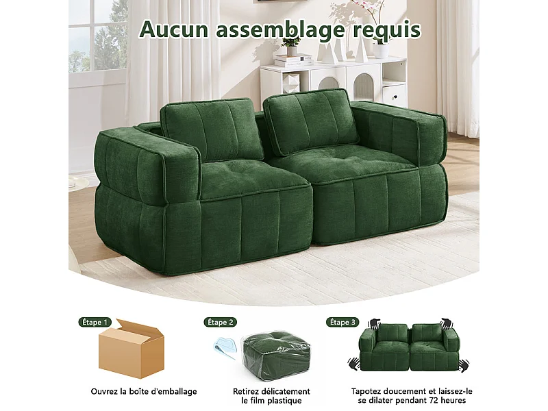 Modulaire 2-zits bank in groene stof, met antislip basis en brede armleuningen, 198x93x67cm