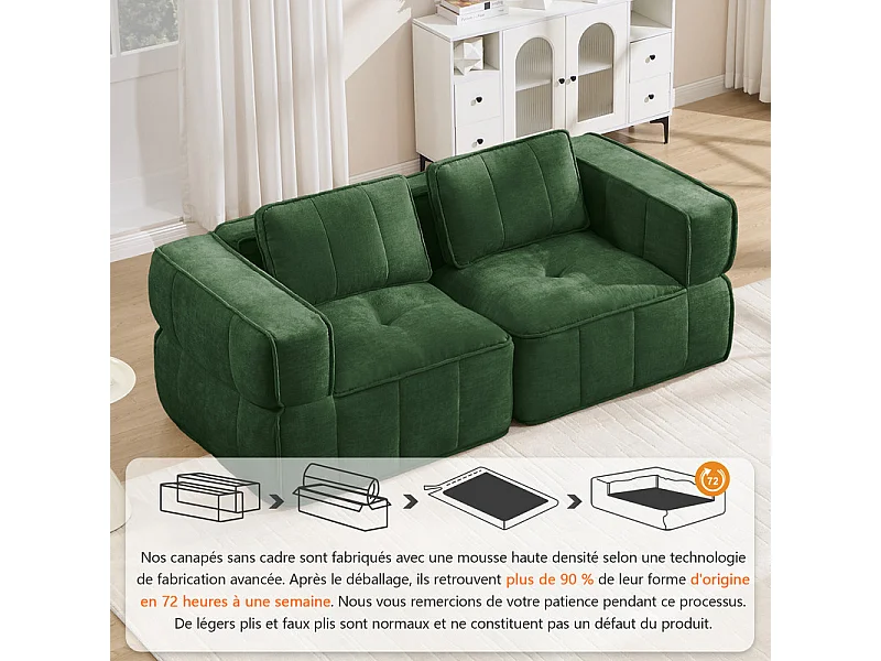 Modulaire 2-zits bank in groene stof, met antislip basis en brede armleuningen, 198x93x67cm