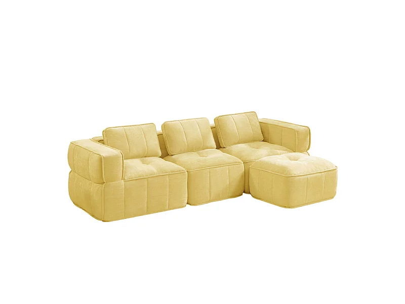 Sofá esquinero modular en tela, 3 plazas, con puf, 271x162x67cm, Amarillo