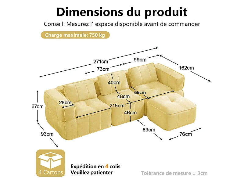 Sofá esquinero modular en tela, 3 plazas, con puf, 271x162x67cm, Amarillo