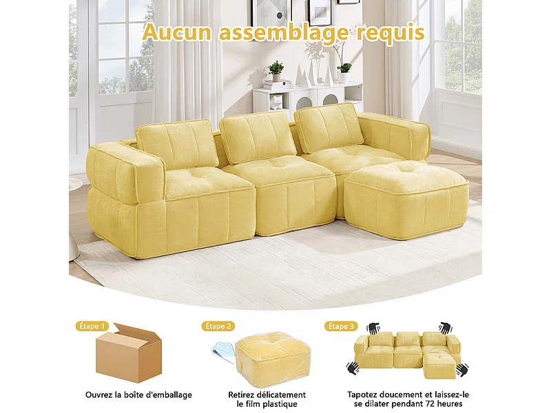 Sofá esquinero modular en tela, 3 plazas, con puf, 271x162x67cm, Amarillo