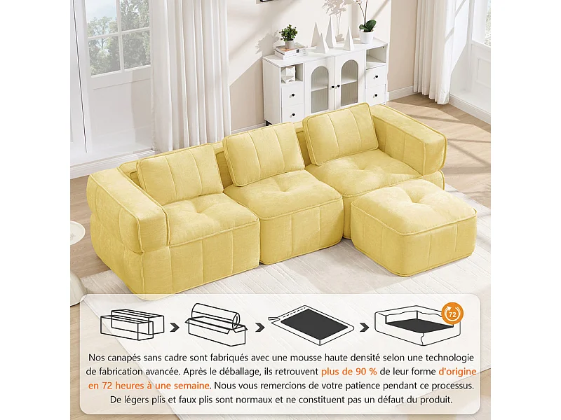 Sofá esquinero modular en tela, 3 plazas, con puf, 271x162x67cm, Amarillo