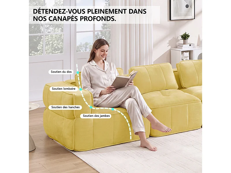 Sofá esquinero modular en tela, 3 plazas, con puf, 271x162x67cm, Amarillo