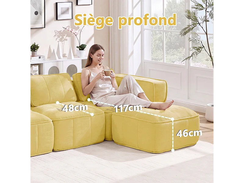 Sofá esquinero modular en tela, 3 plazas, con puf, 271x162x67cm, Amarillo