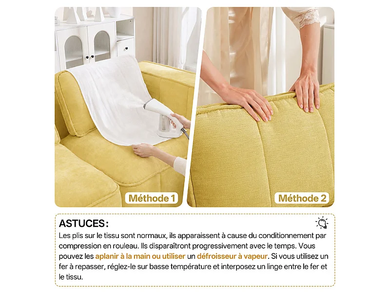 Sofá esquinero modular en tela, 3 plazas, con puf, 271x162x67cm, Amarillo
