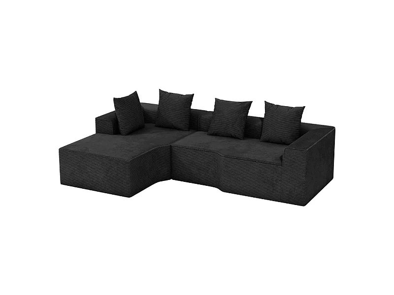 Canapé d'angle gauche modulable, velours côtelé, avec 4 oreillers et méridienne, 270x152x59cm, Noir