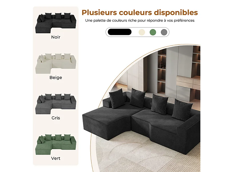 Canapé d'angle gauche modulable, velours côtelé, avec 4 oreillers et méridienne, 270x152x59cm, Noir
