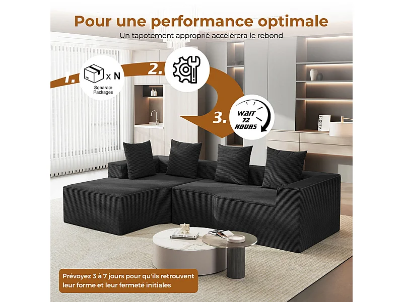 Canapé d'angle gauche modulable, velours côtelé, avec 4 oreillers et méridienne, 270x152x59cm, Noir