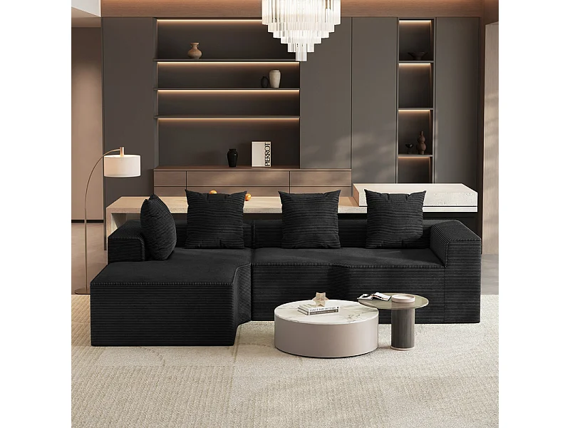 Canapé d'angle gauche modulable, velours côtelé, avec 4 oreillers et méridienne, 270x152x59cm, Noir