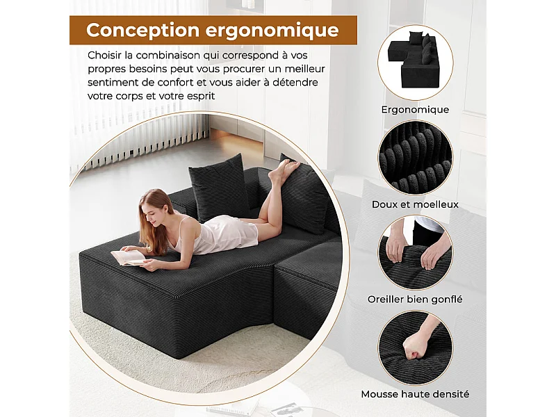 Canapé d'angle gauche modulable, velours côtelé, avec 4 oreillers et méridienne, 270x152x59cm, Noir