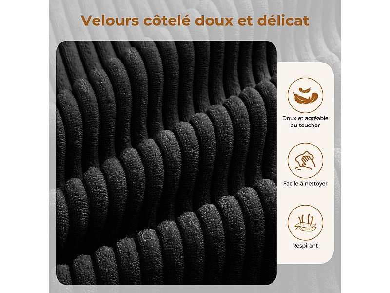 Canapé d'angle gauche modulable, velours côtelé, avec 4 oreillers et méridienne, 270x152x59cm, Noir