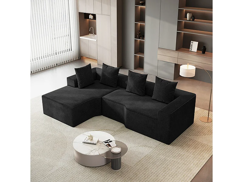 Canapé d'angle gauche modulable, velours côtelé, avec 4 oreillers et méridienne, 270x152x59cm, Noir