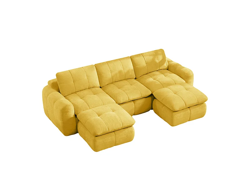 Canapé d'angle panoramique modulable en tissu chenille, avec 2 pouf, 264x160x68cm, Jaune