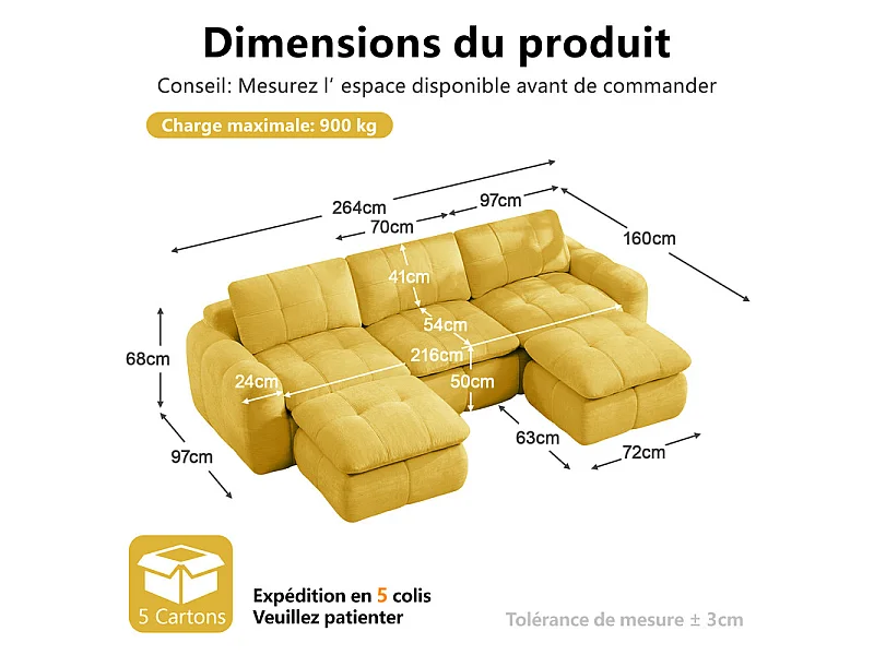 Canapé d'angle panoramique modulable en tissu chenille, avec 2 pouf, 264x160x68cm, Jaune