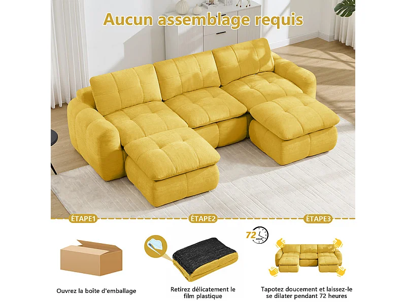 Canapé d'angle panoramique modulable en tissu chenille, avec 2 pouf, 264x160x68cm, Jaune