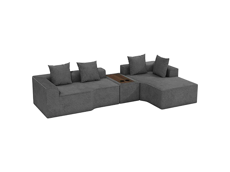Canapé d'angle modulable en velours côtelé, avec droit méridienne, table basse et porte-gobelets, 320x152x59cm, Gris