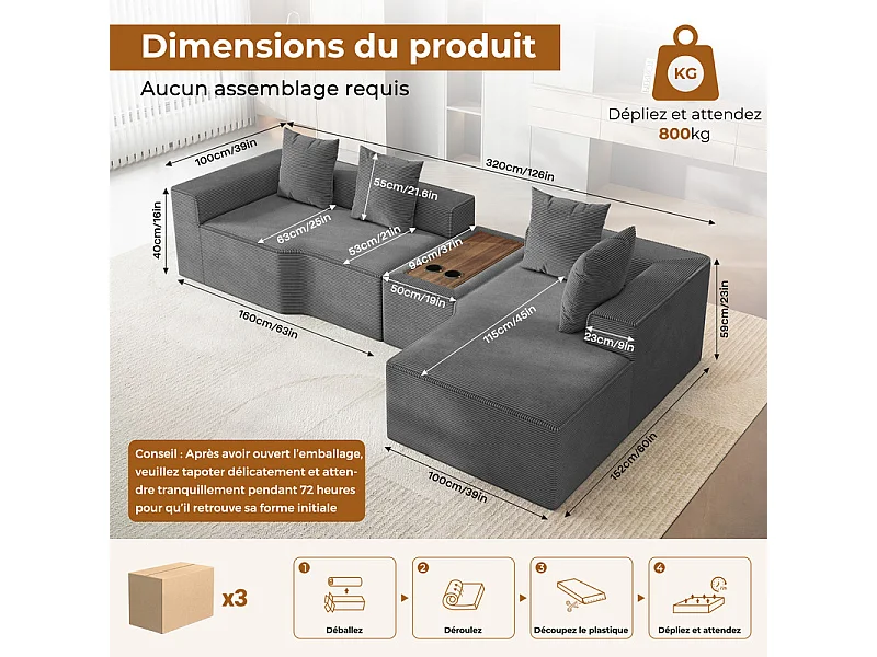 Canapé d'angle modulable en velours côtelé, avec droit méridienne, table basse et porte-gobelets, 320x152x59cm, Gris