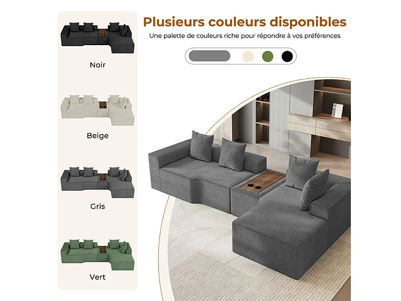 Canapé d'angle modulable en velours côtelé, avec droit méridienne, table basse et porte-gobelets, 320x152x59cm, Gris