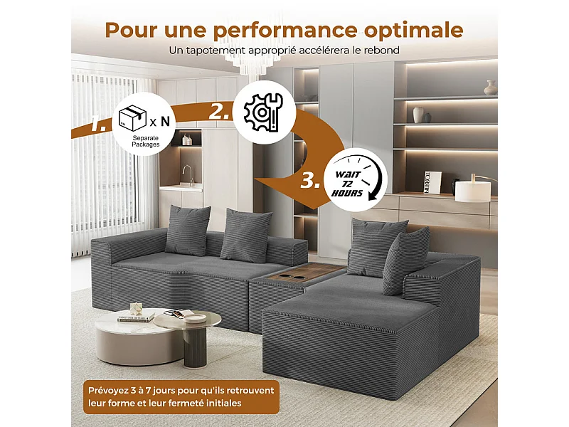Canapé d'angle modulable en velours côtelé, avec droit méridienne, table basse et porte-gobelets, 320x152x59cm, Gris