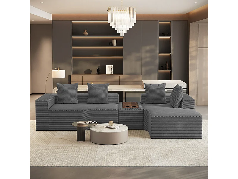 Canapé d'angle modulable en velours côtelé, avec droit méridienne, table basse et porte-gobelets, 320x152x59cm, Gris