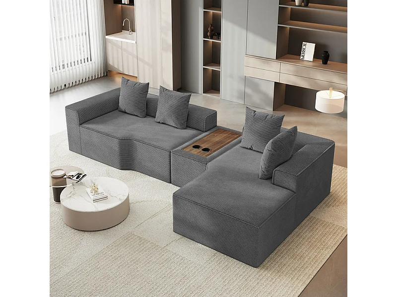 Canapé d'angle modulable en velours côtelé, avec droit méridienne, table basse et porte-gobelets, 320x152x59cm, Gris