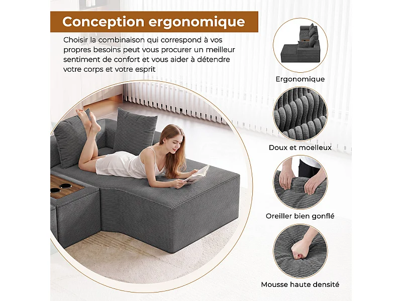Canapé d'angle modulable en velours côtelé, avec droit méridienne, table basse et porte-gobelets, 320x152x59cm, Gris