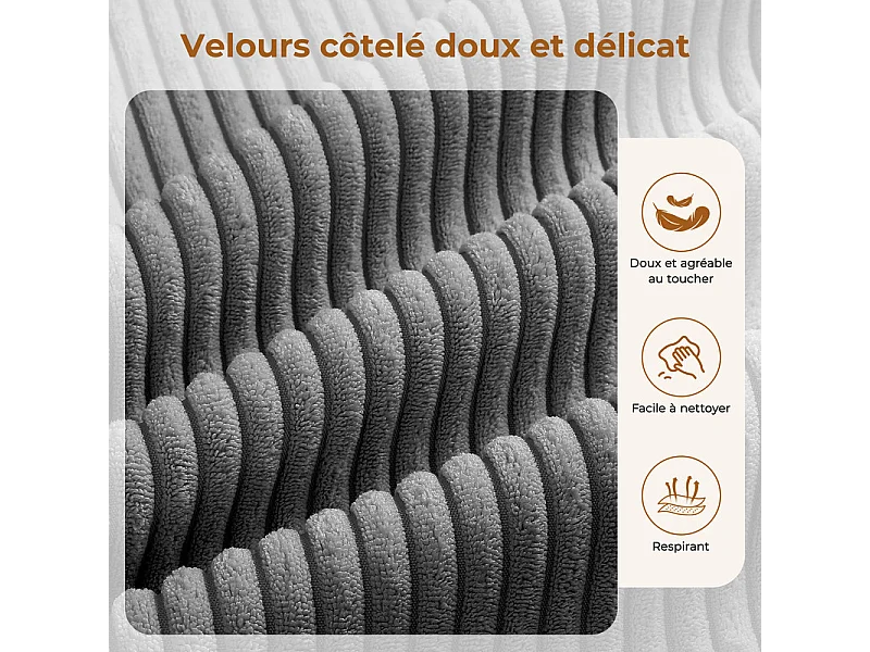 Canapé d'angle modulable en velours côtelé, avec droit méridienne, table basse et porte-gobelets, 320x152x59cm, Gris