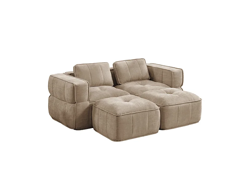 Sofá esquinero modular en tela, 2 plazas, con 2 puf, 198x162x67cm, Marrón