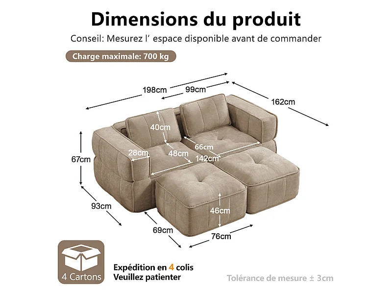 Sofá esquinero modular en tela, 2 plazas, con 2 puf, 198x162x67cm, Marrón
