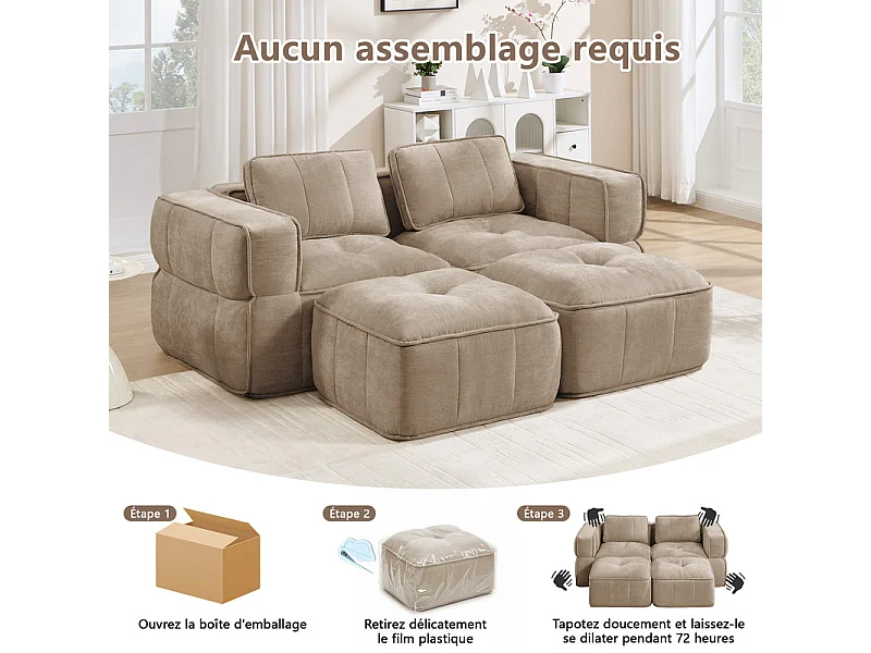 Sofá esquinero modular en tela, 2 plazas, con 2 puf, 198x162x67cm, Marrón