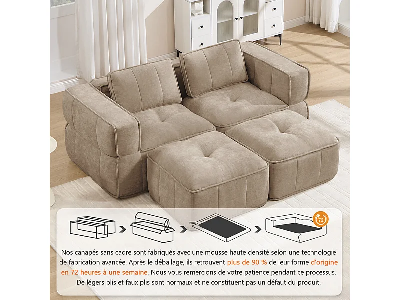 Sofá esquinero modular en tela, 2 plazas, con 2 puf, 198x162x67cm, Marrón