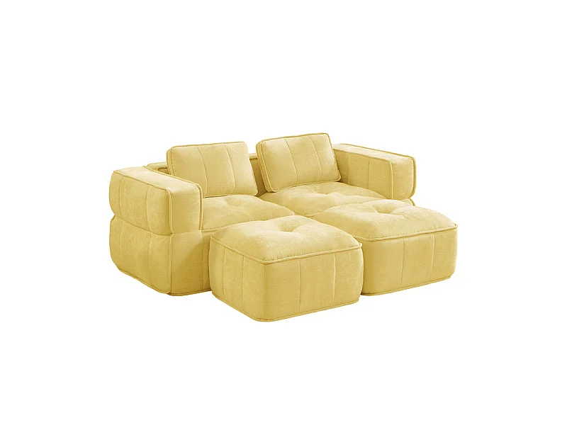 Modulaire hoekbank in stof, 2-zits, met 2 poefs, 198x162x67cm, Geel
