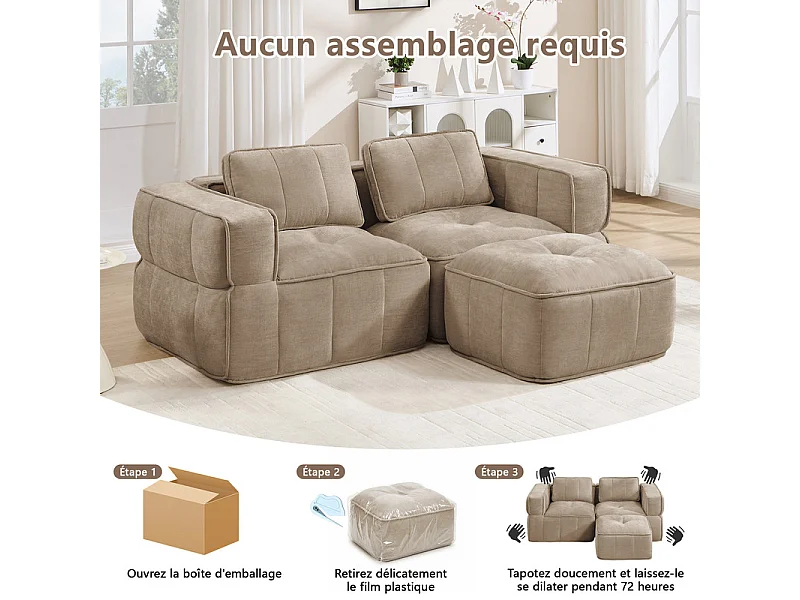 Sofá esquinero modular en tela, 2 plazas, con puf, 198x162x67cm, Marrón