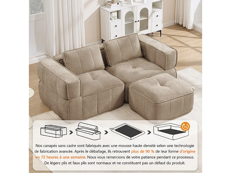 Sofá esquinero modular en tela, 2 plazas, con puf, 198x162x67cm, Marrón