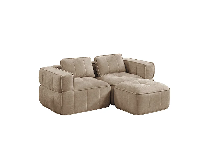 Sofá esquinero modular en tela, 2 plazas, con puf, 198x162x67cm, Marrón