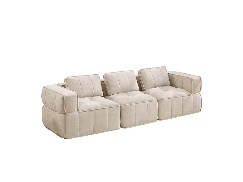 Modulaire 3-zits bank in beige stof, met antislip basis en brede armleuningen, 271x93x67cm
