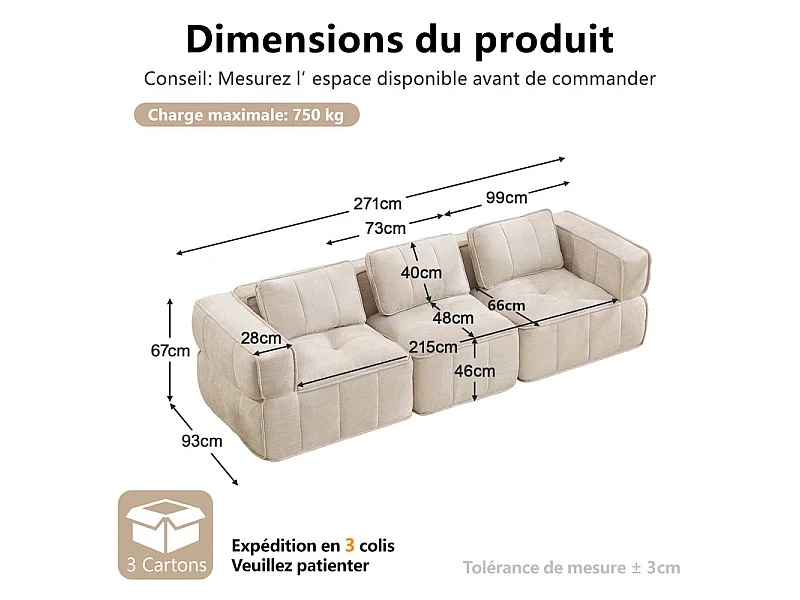 Modulaire 3-zits bank in beige stof, met antislip basis en brede armleuningen, 271x93x67cm