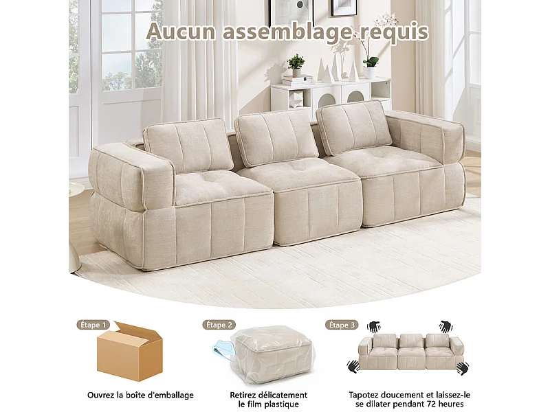 Modulaire 3-zits bank in beige stof, met antislip basis en brede armleuningen, 271x93x67cm