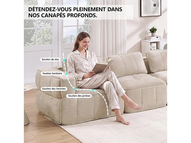 Modulaire 3-zits bank in beige stof, met antislip basis en brede armleuningen, 271x93x67cm