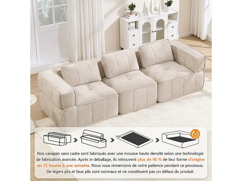 Modulaire 3-zits bank in beige stof, met antislip basis en brede armleuningen, 271x93x67cm